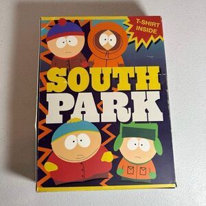 NIB SOUTH PARK Cartman, Kyle, Kenny & Stan Black T-Shirt in DVD Box Size M